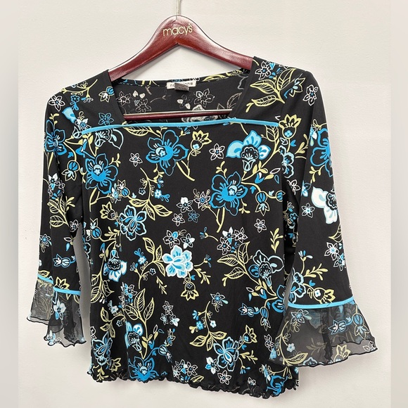 notations black blue floral Square Neck bell sleeves blouse top size L - Picture 6 of 11
